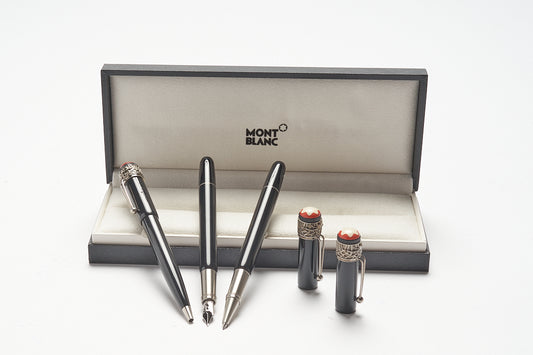 Montblanc Rouge & Noir Special Edition Black Serpent Ballpoint Pen ID 114724 + Montblanc Rouge & Noir Special Edition Black Serpent Fountain Pen ID 114722 + Montblanc Rouge & Noir Special Edition Black Serpent Rollerball Pen ID 114723