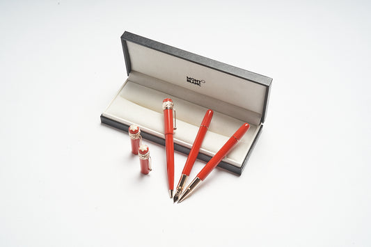 Montblanc Heritage Rouge & Noir Spider Metamorphosis Coral Special Edition Ballpoint Pen ID 118234 + Rouge & Noir Spider Metamorphosis Coral Fountain Pen ID 118232 + Rouge & Noir Spider Metamorphosis Coral Rollerball Pen ID 118233
