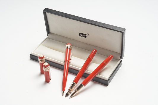 Montblanc Heritage Rouge & Noir Spider Metamorphosis Coral Special Edition Ballpoint Pen ID 118234 + Rouge & Noir Spider Metamorphosis Coral Fountain Pen ID 118232 + Rouge & Noir Spider Metamorphosis Coral Rollerball Pen ID 118233